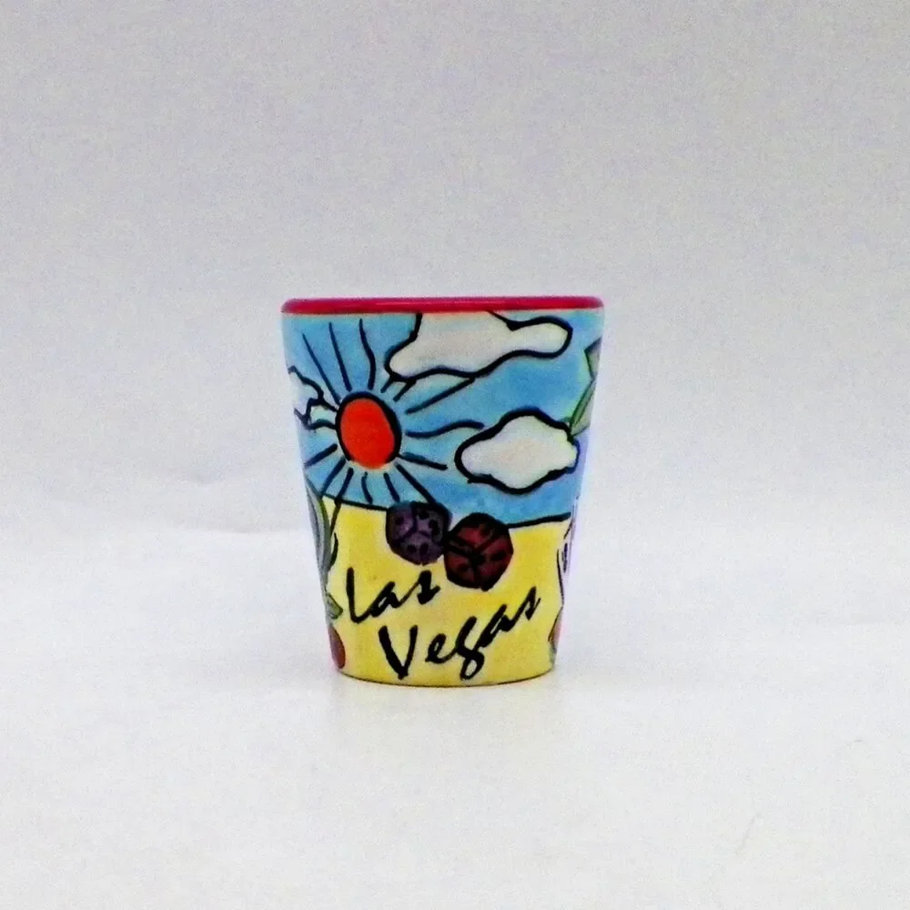 Las Vegas Ceramic Shot Glass Desert Red Sun Dice Cards Poker Chip Roulette Wheel